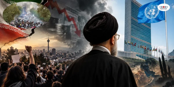 The Islamic Republic's internal crisis and its confrontation with the international community; an image of a cleric set against the backdrop of protests in Iran and the United Nations building.